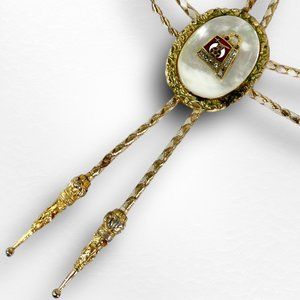 Shriner's Masonic Mother of Pearl Bolo Tie with Fez Hat and Rhinestones Vintage